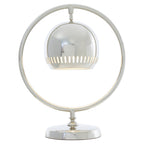Modern silver table lamp with a spherical design on a white background