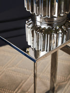 Close-up of a metallic table with polished surface