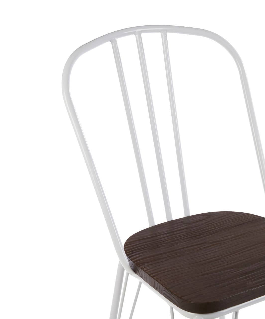 Chair with white metal frame and dark wooden seat on a white background
