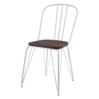 Chair with white metal frame and wooden seat on a white background