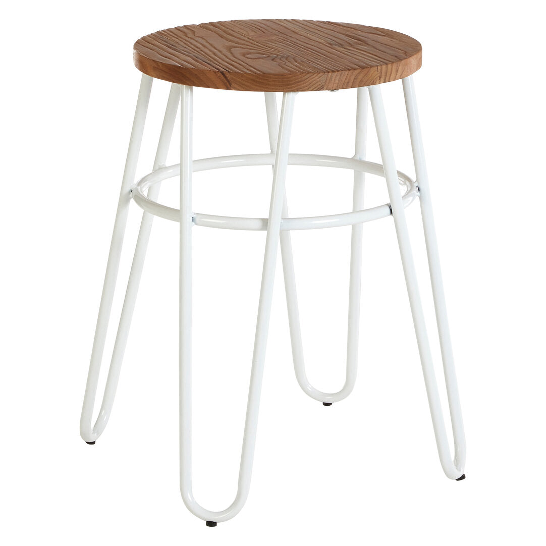 Bar stool with wooden seat and white metal legs on a white background