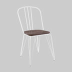 Chair with white metal frame and wooden seat on a gray background