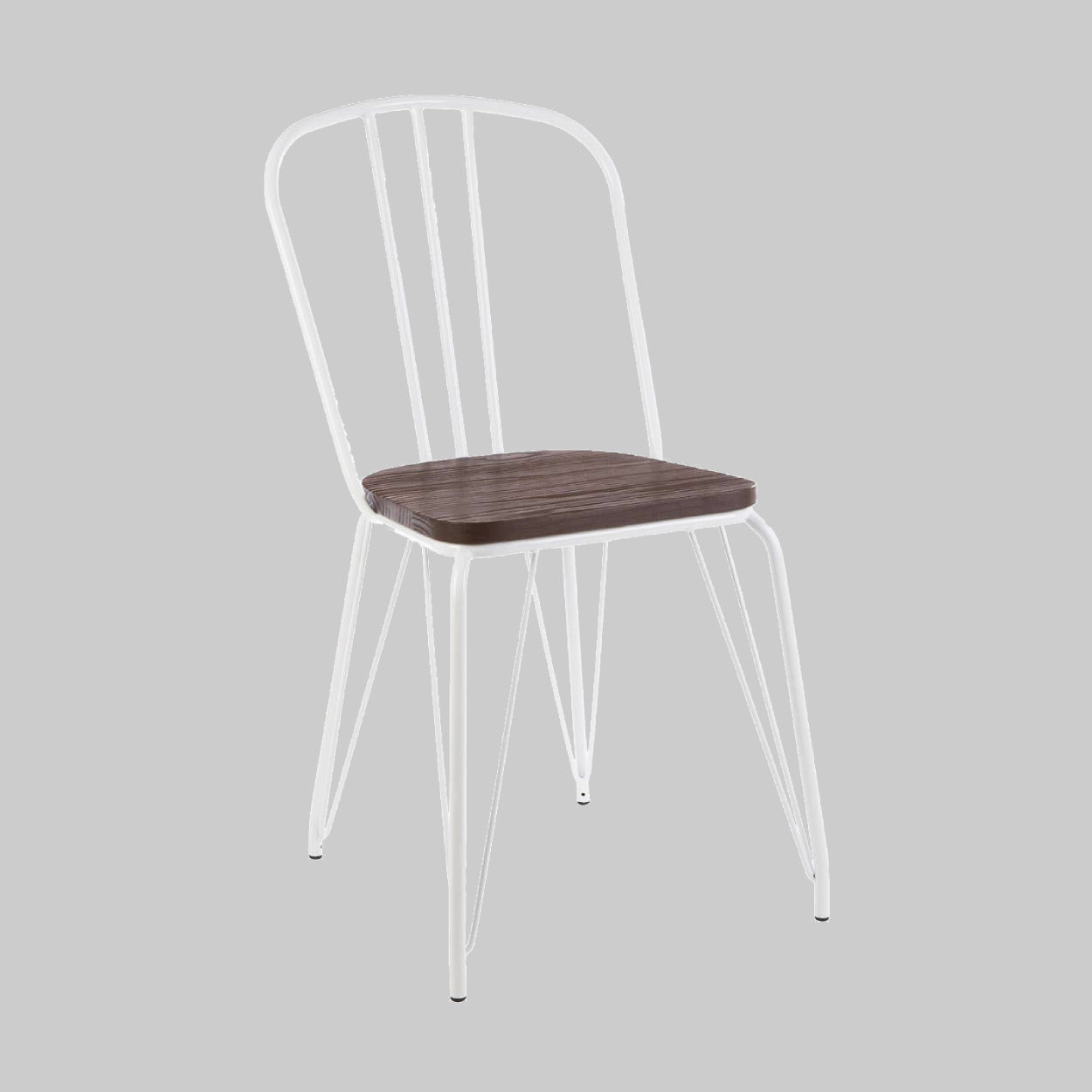 Chair with white metal frame and wooden seat on a gray background