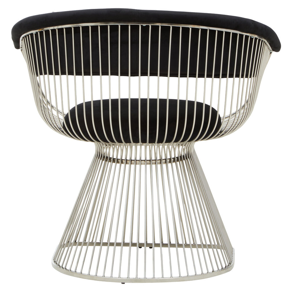 Modern chair with wireframe design and black velvet cushion on a white background