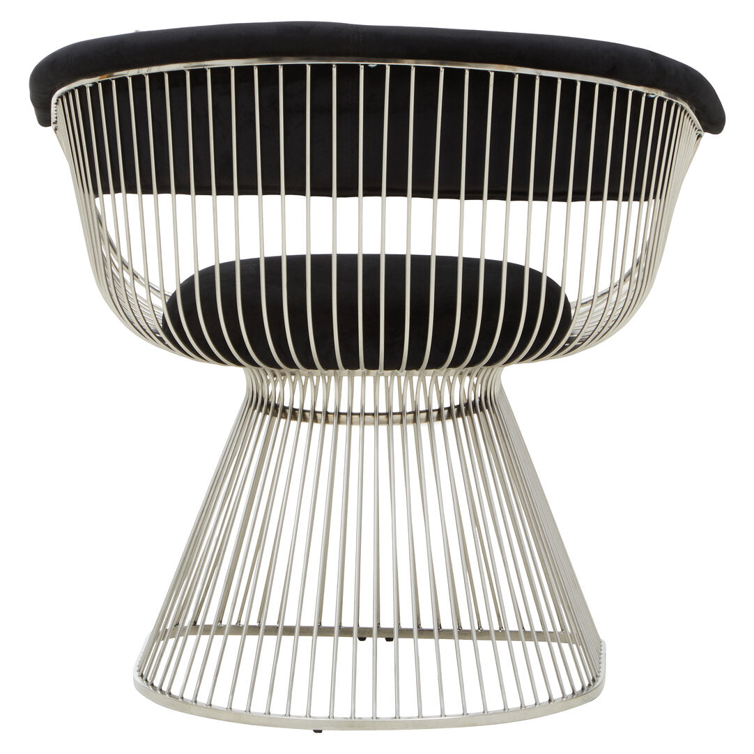 Modern chair with wireframe design and black velvet cushion on a white background