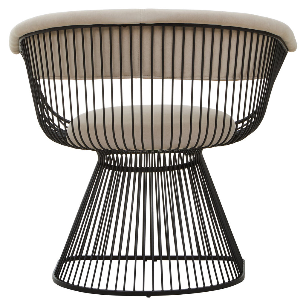 Black wired lounge chair with beige cushion on a white background