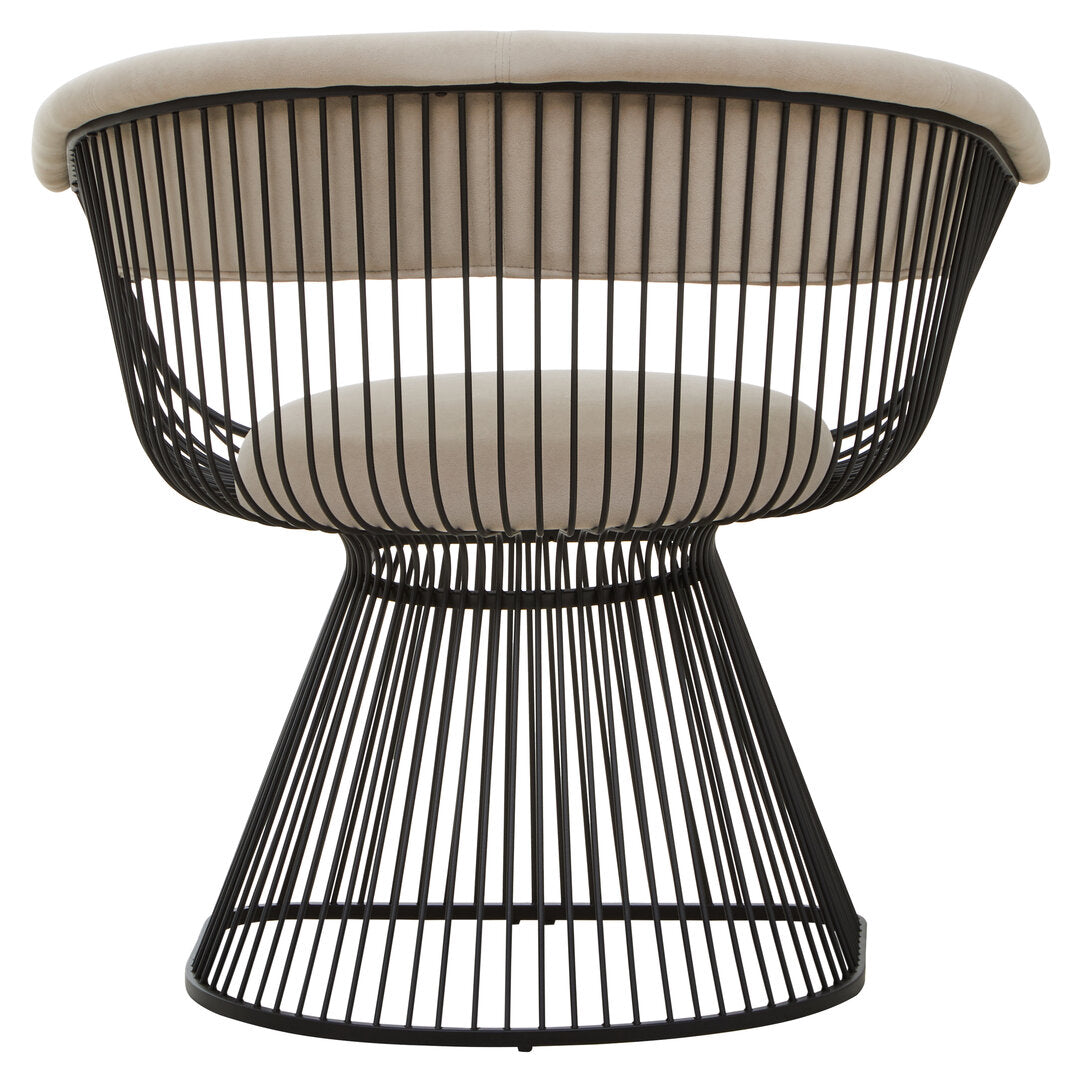 Black wired lounge chair with beige cushion on a white background