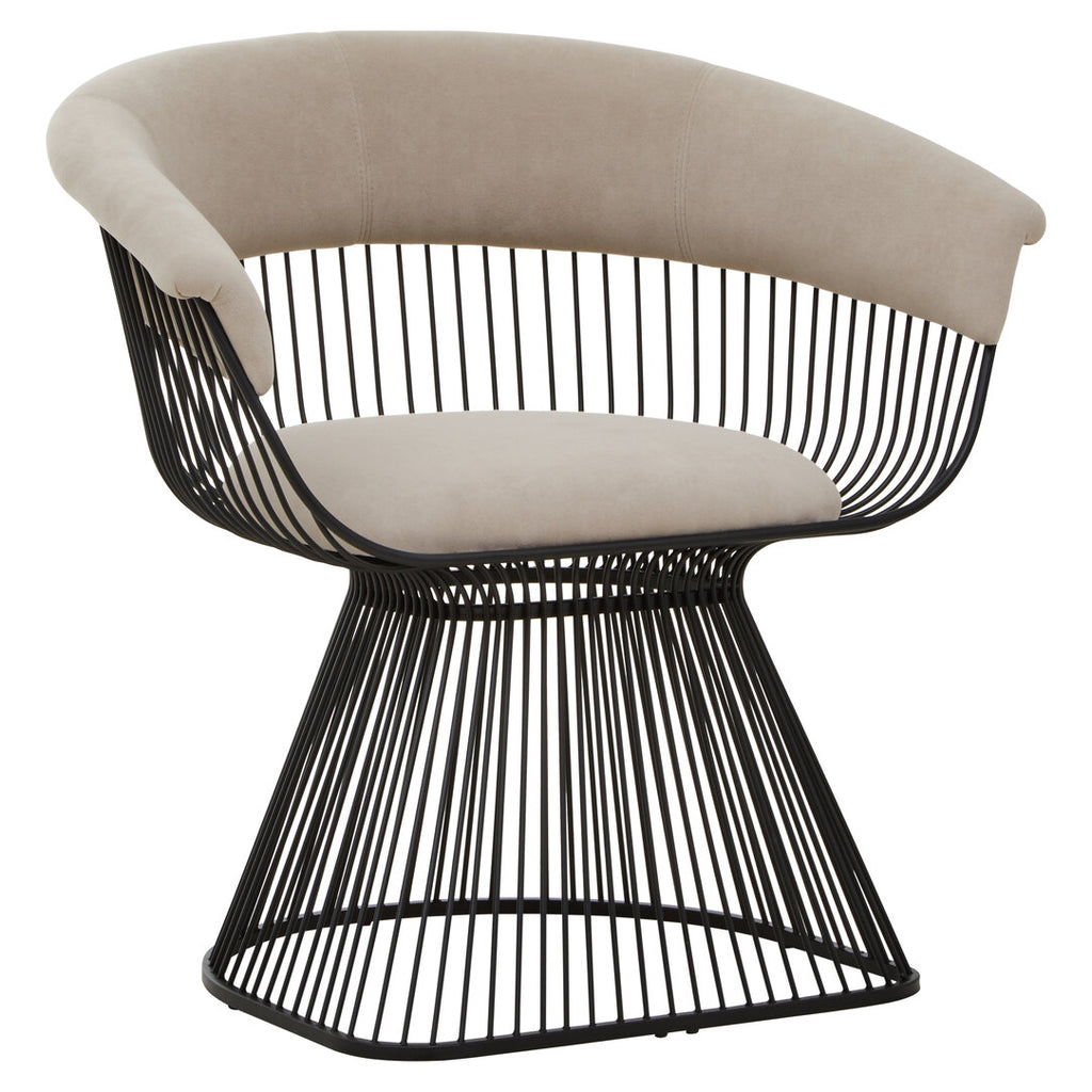 Modern lounge chair with black wire frame and beige cushion on a white background