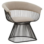 Modern lounge chair with black wire frame and beige cushion on a white background