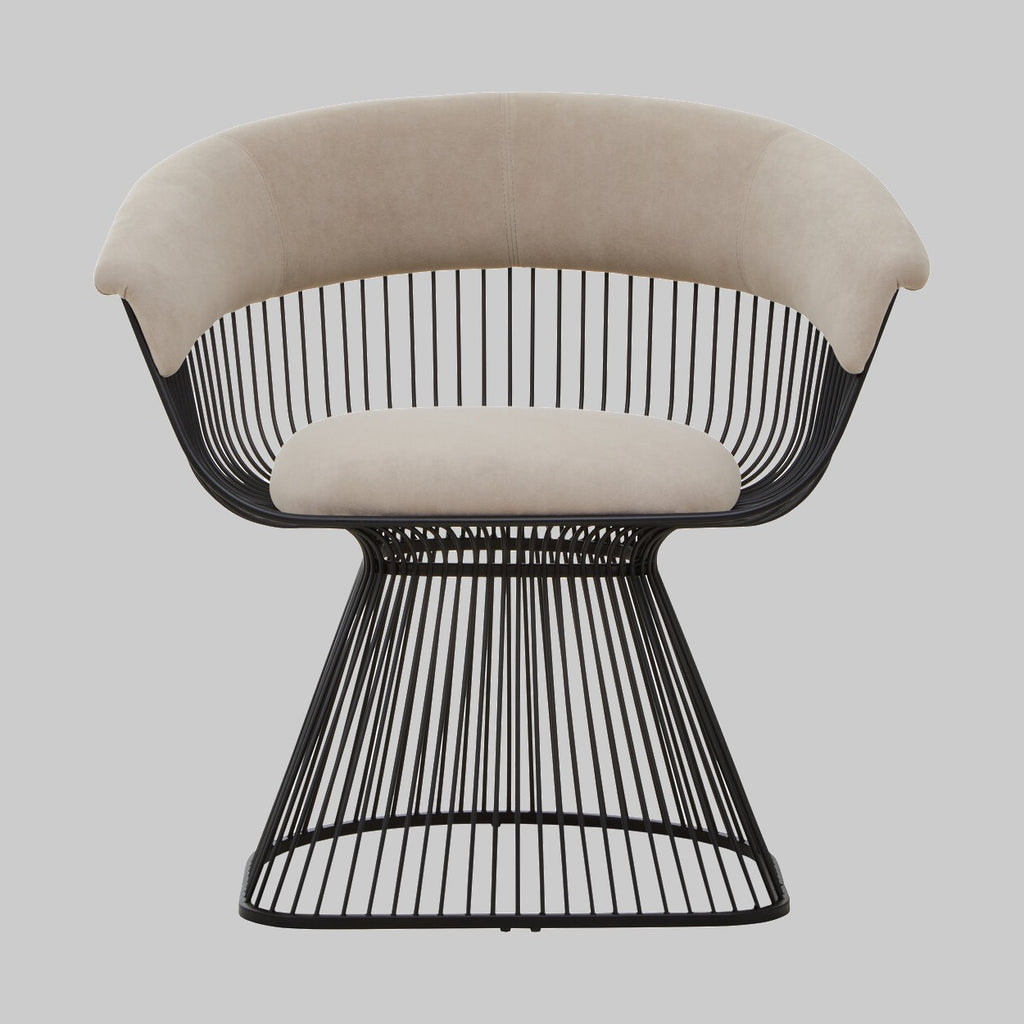 Modern lounge chair with black wire frame and beige cushion on a gray background