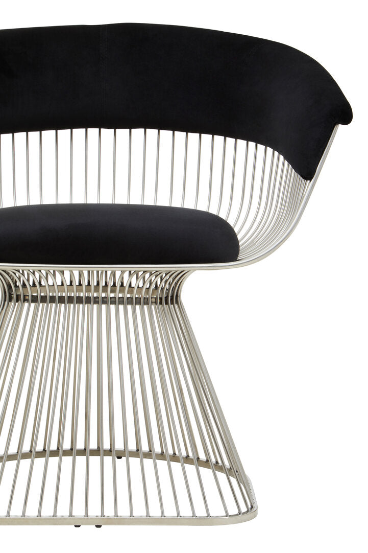 Modern wired lounge chair with black cushioned seat and backrest on a white background