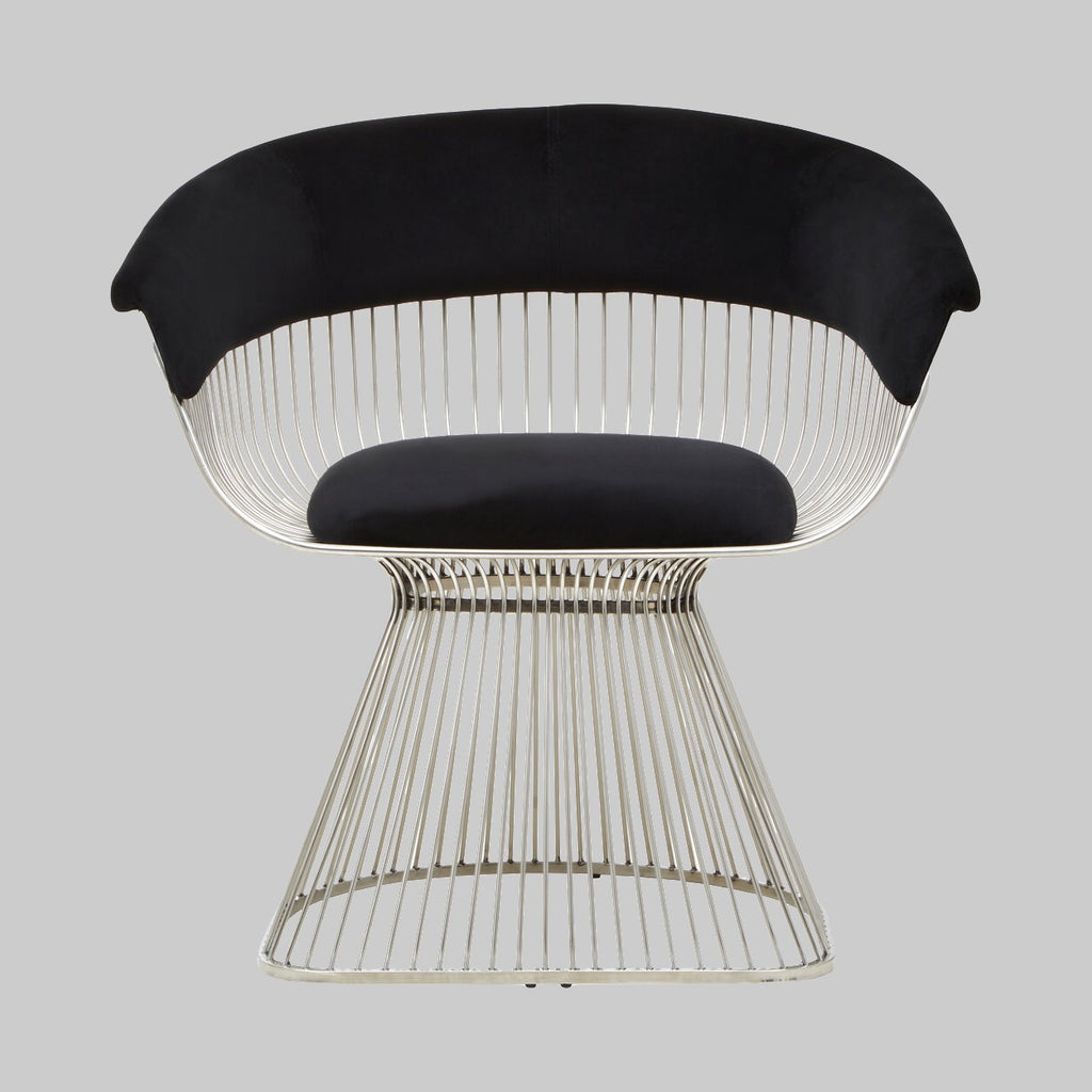 Modern chair with wireframe design and black cushion on a gray background