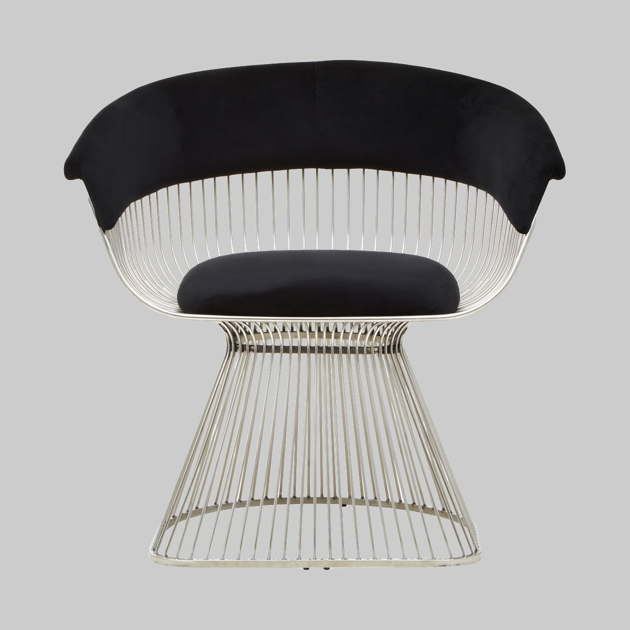 Modern chair with wireframe design and black cushion on a gray background