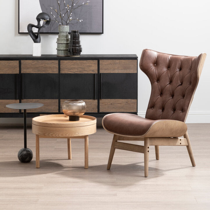 Wooden Coffee Table with storage next to chair and cabinet