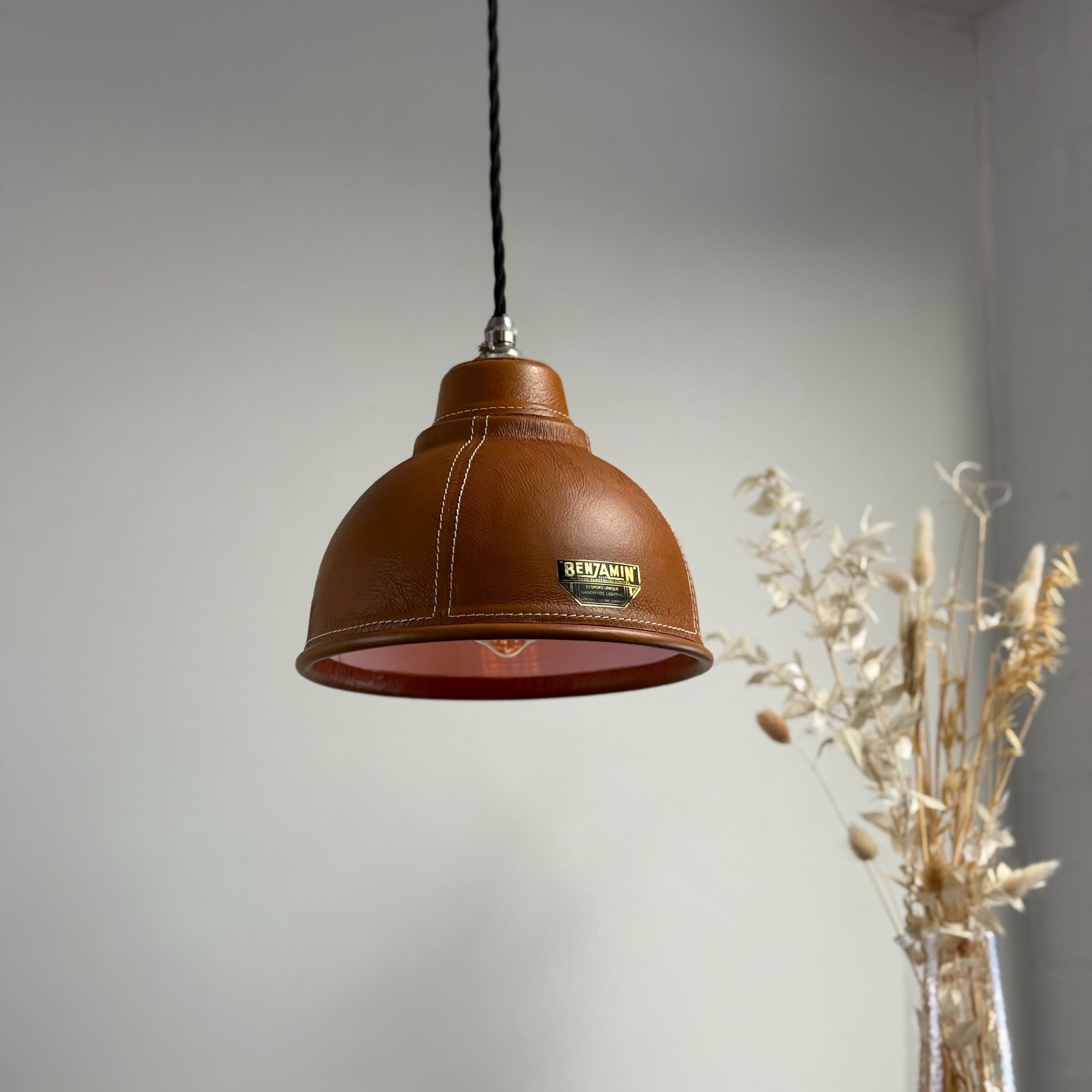 Genuine Tan-Leather, Hand-Stitched Lampshade Pendant Light